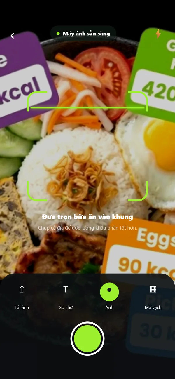Màn hình quét của NouriMe với đĩa cơm tấm trong khung, nút chụp và các chế độ Tải ảnh, Gõ chữ, Ảnh, Mã vạch